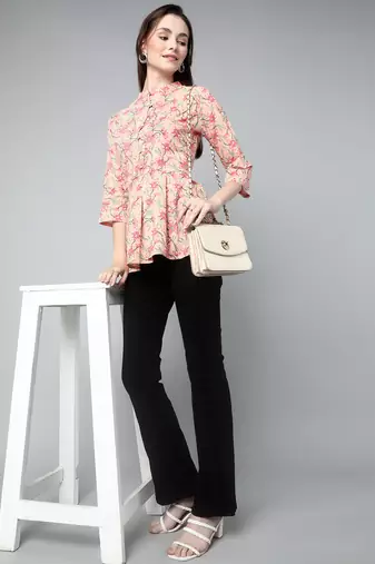 Anushil cotton cambric printed mandarian collar 3/4th sleeves short kurti style peplum top