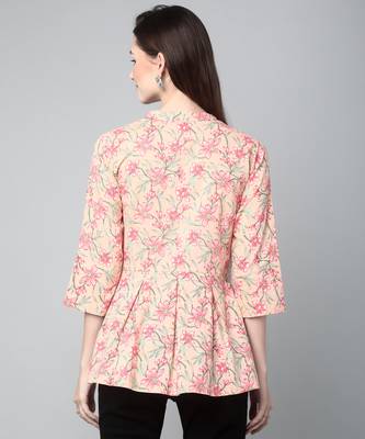 Anushil cotton cambric printed mandarian collar 3/4th sleeves short kurti style peplum top 3