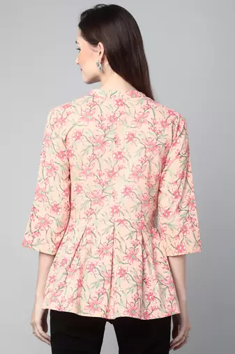 Anushil cotton cambric printed mandarian collar 3/4th sleeves short kurti style peplum top