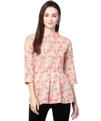 Anushil cotton cambric printed mandarian collar 3/4th sleeves short kurti style peplum top 1