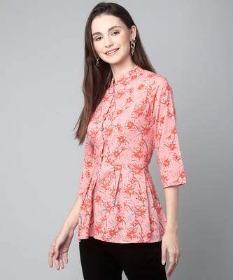 Anushil cotton cambric printed mandarian collar 3/4th sleeves short kurti style peplum top 2