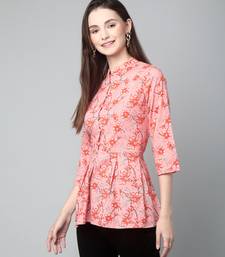 Anushil cotton cambric printed mandarian collar 3/4th sleeves short kurti style peplum top