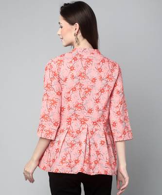 Anushil cotton cambric printed mandarian collar 3/4th sleeves short kurti style peplum top 3
