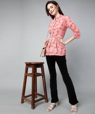 Anushil cotton cambric printed mandarian collar 3/4th sleeves short kurti style peplum top 4