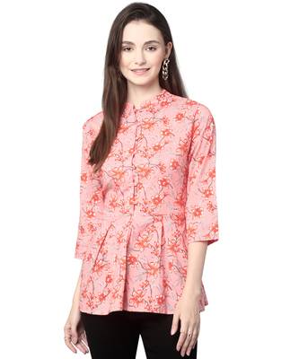 Anushil cotton cambric printed mandarian collar 3/4th sleeves short kurti style peplum top 1