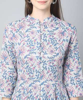 Anushil cotton cambric printed mandarian collar 3/4th sleeves short kurti style peplum top 2