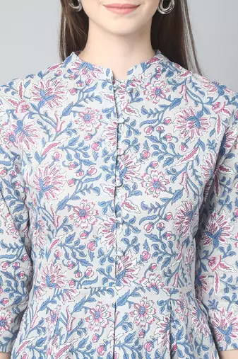 Anushil cotton cambric printed mandarian collar 3/4th sleeves short kurti style peplum top