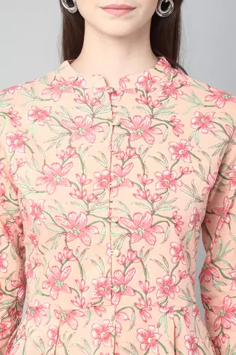 Anushil cotton cambric printed mandarian collar 3/4th sleeves short kurti style peplum top