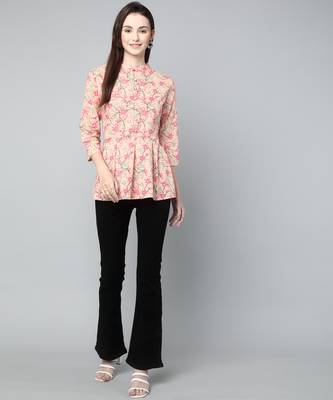 Anushil cotton cambric printed mandarian collar 3/4th sleeves short kurti style peplum top 5