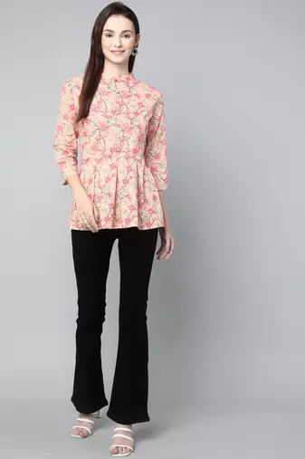 Anushil cotton cambric printed mandarian collar 3/4th sleeves short kurti style peplum top