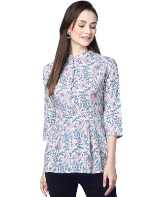 Anushil cotton cambric printed mandarian collar 3/4th sleeves short kurti style peplum top 1