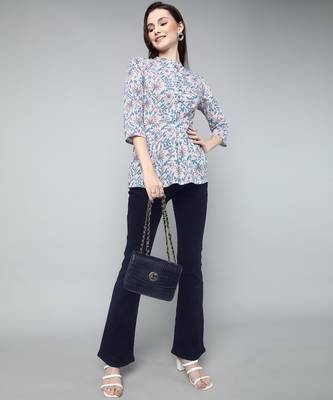 Anushil cotton cambric printed mandarian collar 3/4th sleeves short kurti style peplum top 3