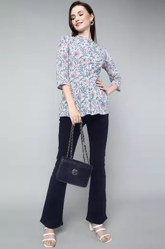 Anushil cotton cambric printed mandarian collar 3/4th sleeves short kurti style peplum top