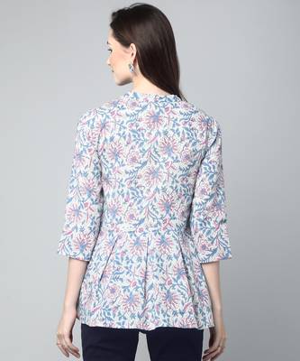 Anushil cotton cambric printed mandarian collar 3/4th sleeves short kurti style peplum top 4