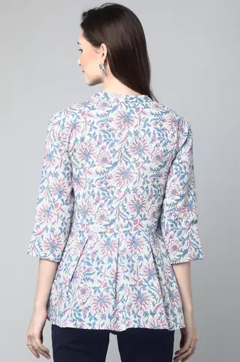 Anushil cotton cambric printed mandarian collar 3/4th sleeves short kurti style peplum top