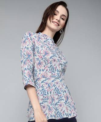Anushil cotton cambric printed mandarian collar 3/4th sleeves short kurti style peplum top 5
