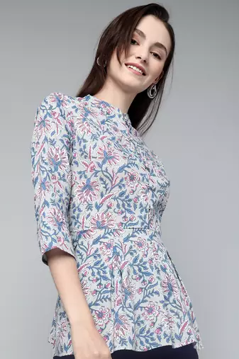 Anushil cotton cambric printed mandarian collar 3/4th sleeves short kurti style peplum top