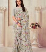Grey Stone Work Floral Print Georgette Saree And Blouse Piece