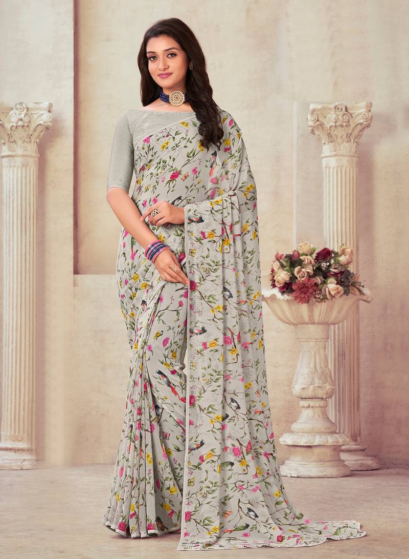 Grey Stone Work Floral Print Georgette Saree And Blouse Piece