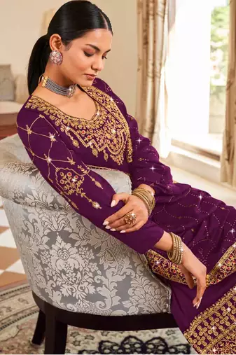 Wine Silk embroidered punjabi suits