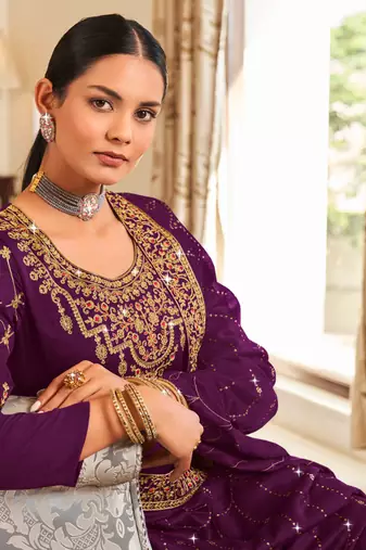 Wine Silk embroidered punjabi suits