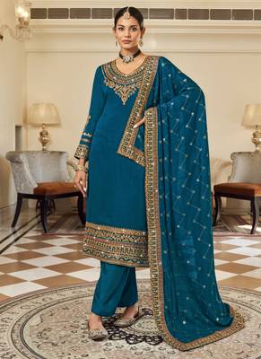 Teal Silk embroidered punjabi suits 1
