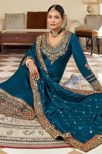 Teal Silk embroidered punjabi suits
