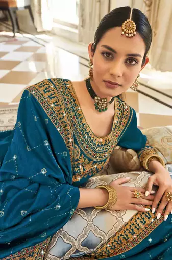 Teal Silk embroidered punjabi suits