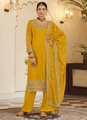 Yellow Silk embroidered punjabi suits 1