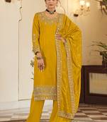 Yellow Silk embroidered punjabi suits