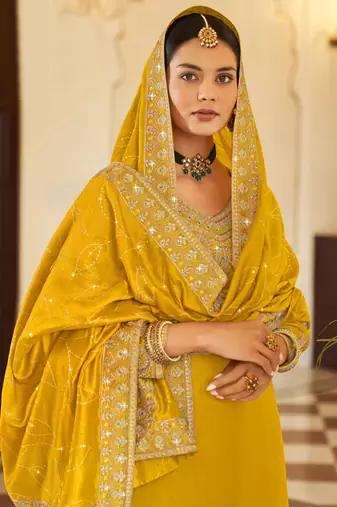Yellow Silk embroidered punjabi suits