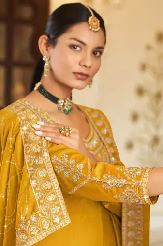 Yellow Silk embroidered punjabi suits