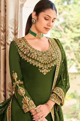 Green Silk embroidered punjabi suits