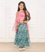 Green hello kitty floral printed lehenga set