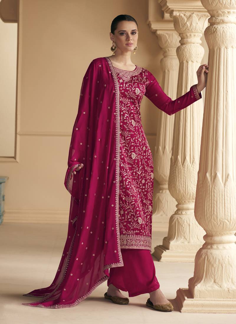 Rani pink Satin embroidered punjabi suits Vegaa Fashion 4197212