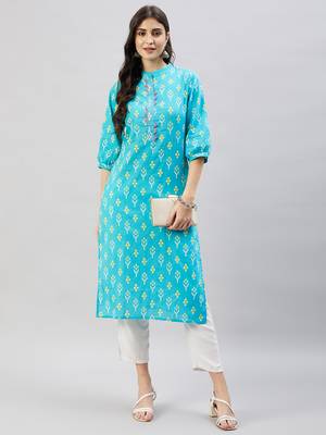 Winered women light blue with contrast pink thread work kurta 1
