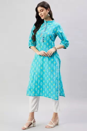 Winered women light blue with contrast pink thread work kurta