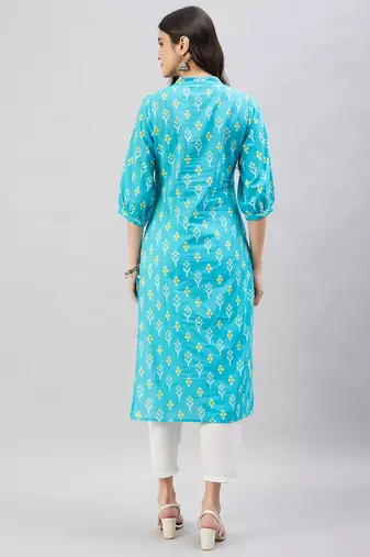 Winered women light blue with contrast pink thread work kurta