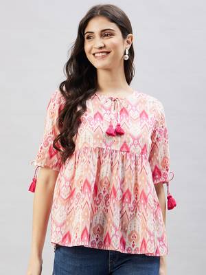 Winered women pink geometric print top w/d tassels at neck & sleeve 1