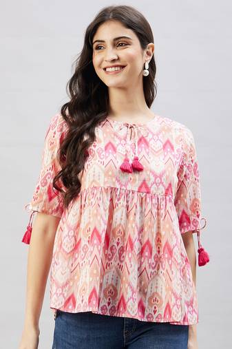 Winered women pink geometric print top w/d tassels at neck & sleeve