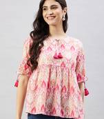 Winered women pink geometric print top w/d tassels at neck & sleeve