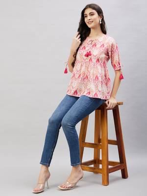 Winered women pink geometric print top w/d tassels at neck & sleeve 2