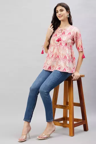 Winered women pink geometric print top w/d tassels at neck & sleeve