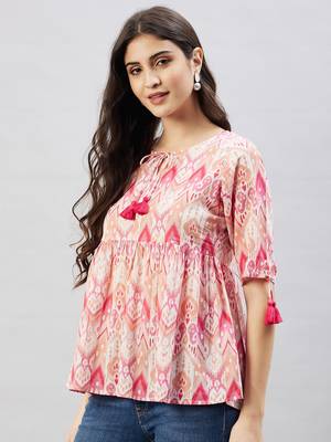 Winered women pink geometric print top w/d tassels at neck & sleeve 3