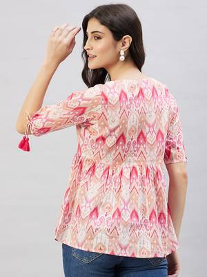 Winered women pink geometric print top w/d tassels at neck & sleeve 4