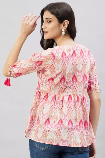 Winered women pink geometric print top w/d tassels at neck & sleeve