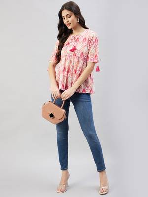 Winered women pink geometric print top w/d tassels at neck & sleeve 5