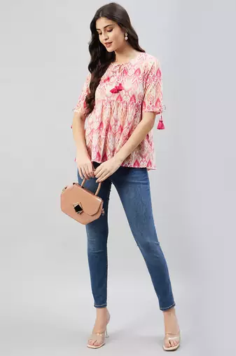 Winered women pink geometric print top w/d tassels at neck & sleeve