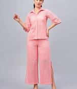 Winered woman pink schiffli oversized shirt and pant co-ord set
