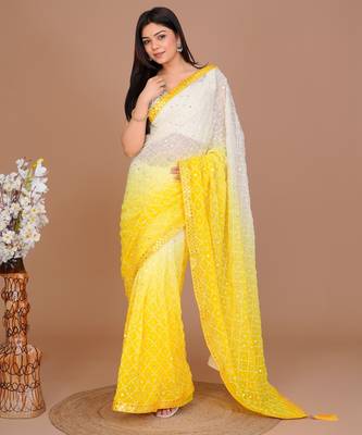 Lemon yellow Georgette Fabric Saree WITH UN-STITCHED BLOUSE 3